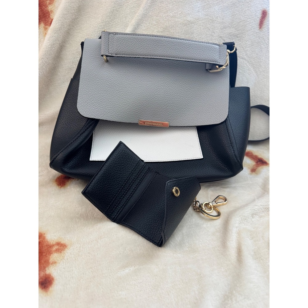 Steve Madden Colorblock Satchel Crossbody Bag Card Holder Keychain Black Gray